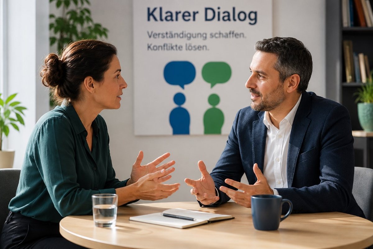Zwei Menschen im vertrauensvollen Gespräch am Tisch – Mediation bei klardialog